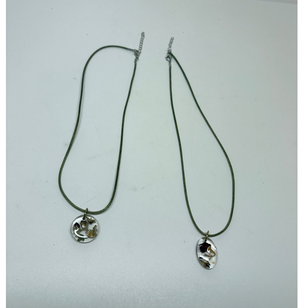 Handmade Resin Dried Flower Pendant Necklaces Olive Green Cord Set of 2